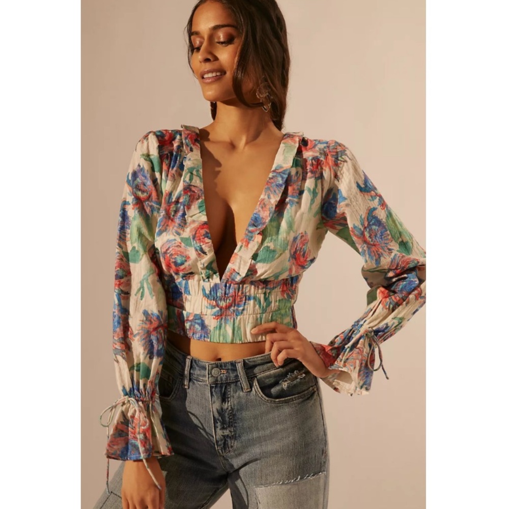 Anthropologie Gathered Floral Open Back Ruffle Top